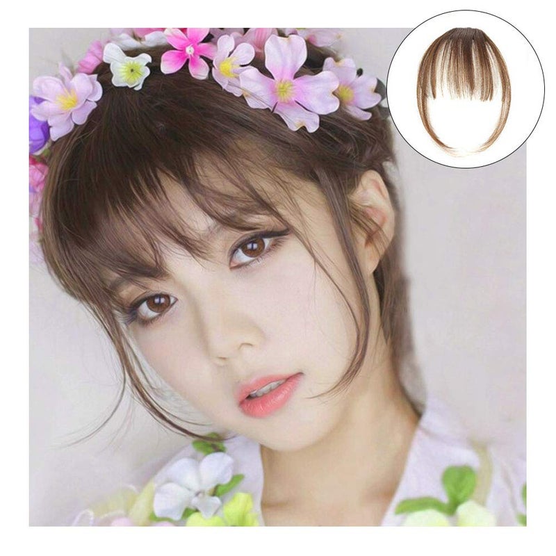 Wixine 1Pcs Light Brown Thin Neat Air Bangs Remy Human Hair Extensions Clip in on Fringe Front Hairpiece - Image 1